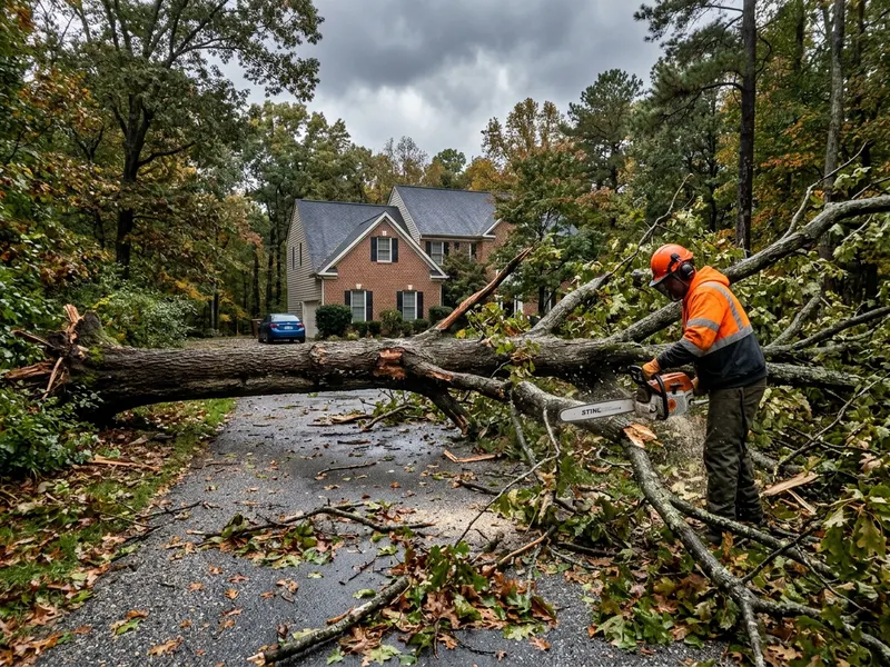 Storm-fallen tree being cleared off a driveway after high winds in Charles County