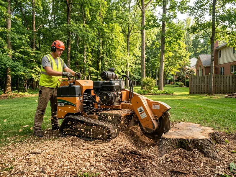 Stump grinder reducing a tree stump below grade in a Southern Maryland back yard